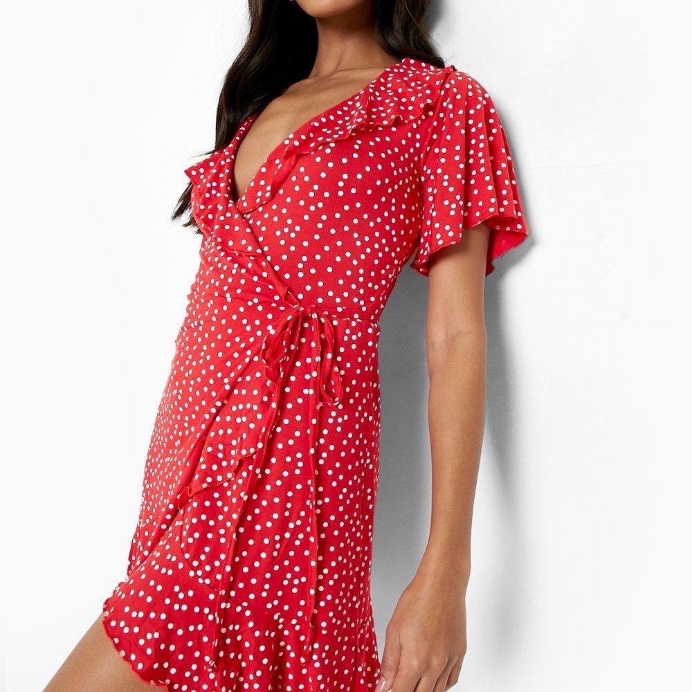 Boohoo Red Polka Dot Wrap Dress